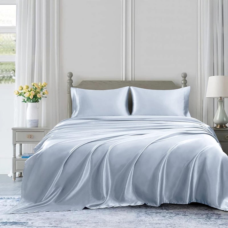Homiest 4pcs Satin Sheets Set Luxury Silky Satin Bedding Set with Deep Pocket, 1 Fitted Sheet + 1 Flat Sheet + 2 Pillowcases (Queen Size, Baby Blue) - Image 3
