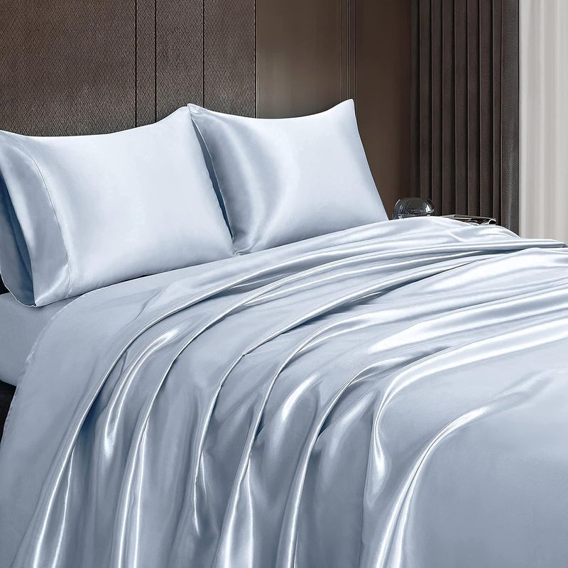 Homiest 4pcs Satin Sheets Set Luxury Silky Satin Bedding Set with Deep Pocket, 1 Fitted Sheet + 1 Flat Sheet + 2 Pillowcases (Queen Size, Baby Blue) - Image 4
