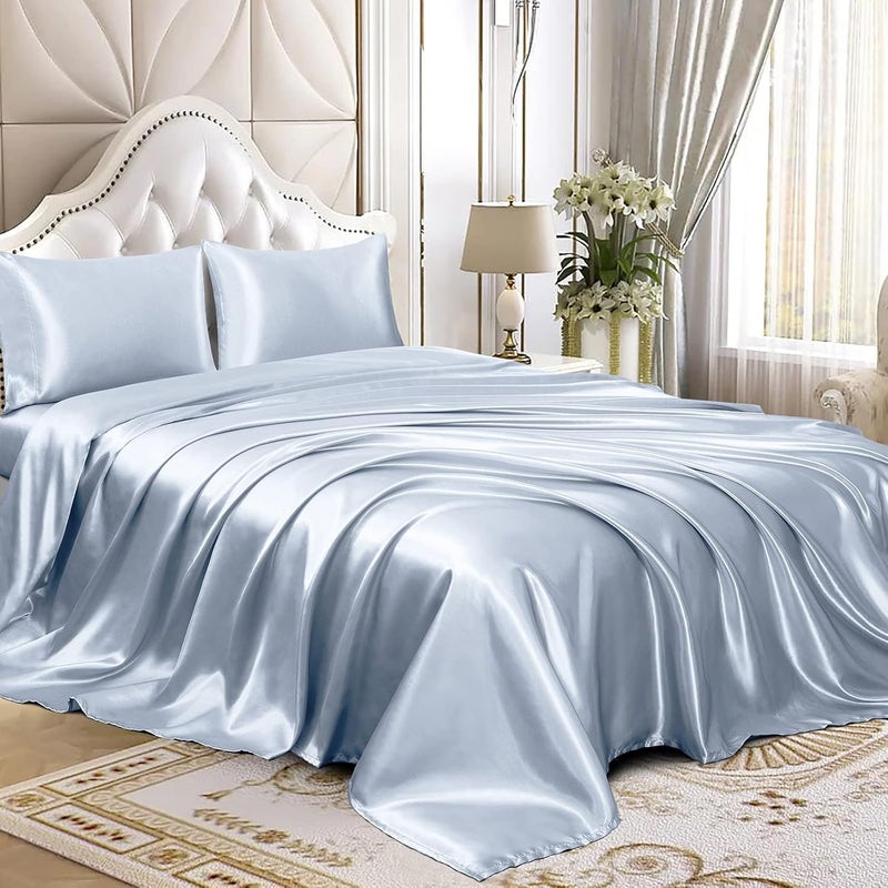 Homiest 4pcs Satin Sheets Set Luxury Silky Satin Bedding Set with Deep Pocket, 1 Fitted Sheet + 1 Flat Sheet + 2 Pillowcases (Queen Size, Baby Blue) - Image 1