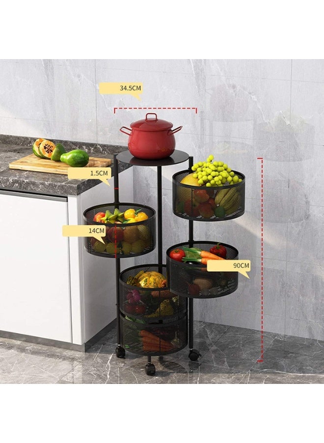 بلومنغ تايم رف تخزين مطبخ مكون من 5 طبقات، سلة فاكهة وخضراوات دوارة، سلة دائرية دوارة، رف تخزين كبير مع 4 عجلات متحركة - Image 3
