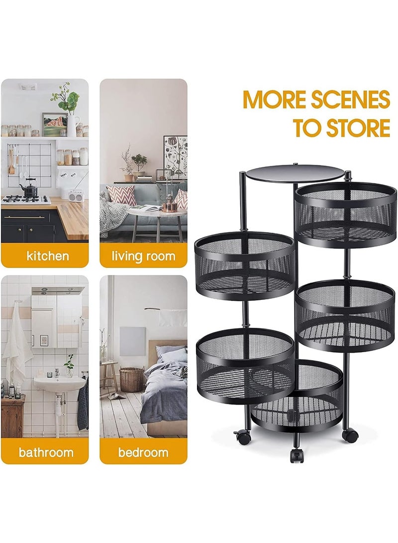 بلومنغ تايم رف تخزين مطبخ مكون من 5 طبقات، سلة فاكهة وخضراوات دوارة، سلة دائرية دوارة، رف تخزين كبير مع 4 عجلات متحركة - Image 2