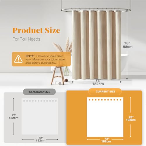 BTTN Long Fabric Shower Curtain, 78 Inch Linen Textured Heavy Duty Polyester Cloth Shower Curtain Set with 12 Plastic Hooks, Hotel Luxury Waterproof Shower Curtains for Bathroom - 72"x78", Beige/Cream - Image 3