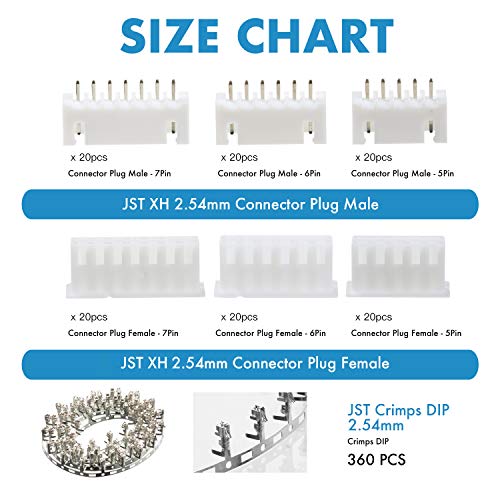 CQRobot JST XH 2.54 mm Pitch 5-Pin/6-Pin/7-Pin Electronic Connector IC Male Plugs, Female Sockets Housing and T-Shaped Crimp Terminal Kit. 60 Sets/480 Pieces Wire-to-Board Adapter Cable Assembly. - Image 2