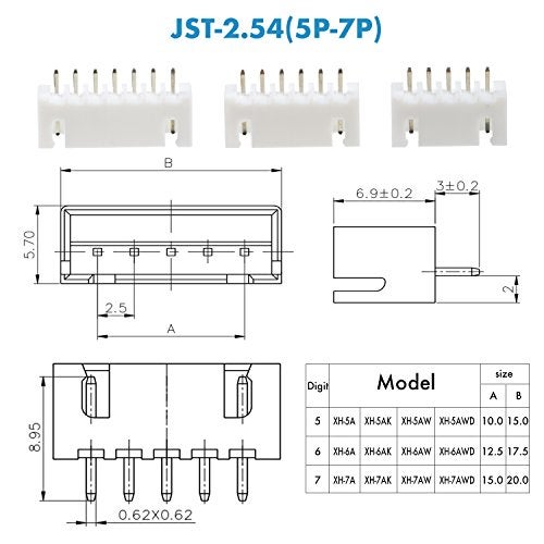 CQRobot JST XH 2.54 mm Pitch 5-Pin/6-Pin/7-Pin Electronic Connector IC Male Plugs, Female Sockets Housing and T-Shaped Crimp Terminal Kit. 60 Sets/480 Pieces Wire-to-Board Adapter Cable Assembly. - Image 3
