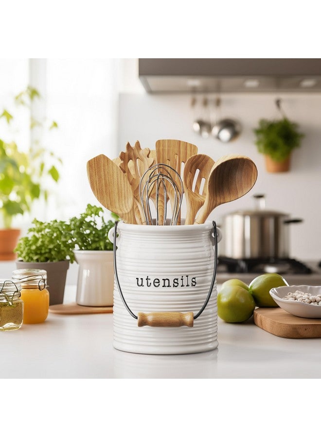 Barnyard Designs Ceramic Farmhouse Kitchen Utensil Holder for Countertop, Decorative Large Kitchen Utensil Holder for Kitchen Counter, Utensil Crock Spatula Holder, 6" White - Image 2