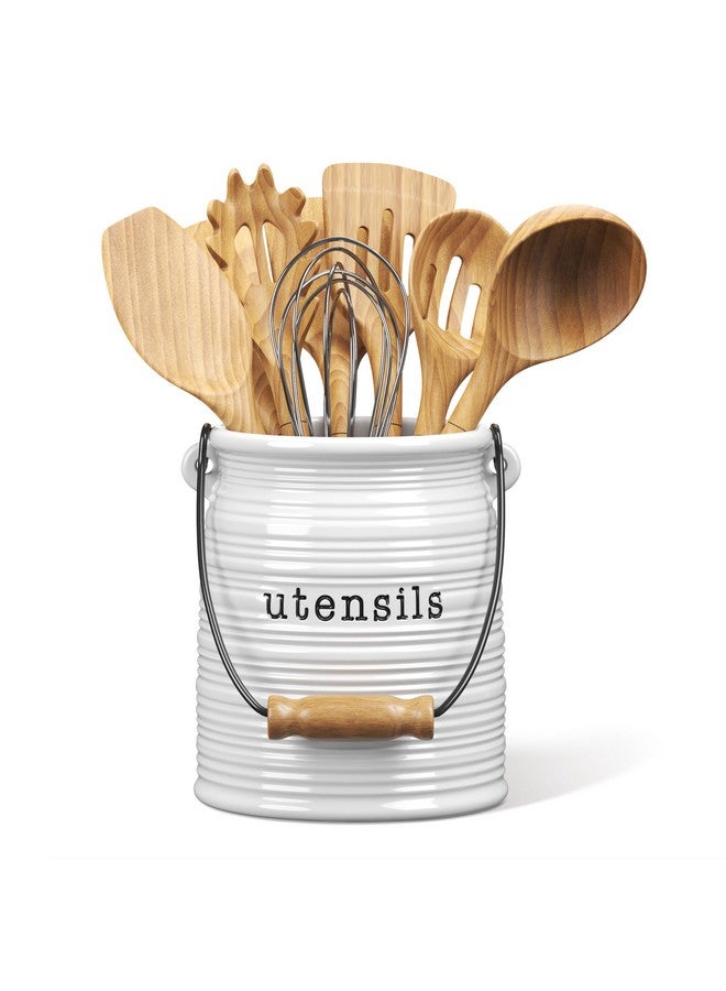 Barnyard Designs Ceramic Farmhouse Kitchen Utensil Holder for Countertop, Decorative Large Kitchen Utensil Holder for Kitchen Counter, Utensil Crock Spatula Holder, 6" White - Image 1