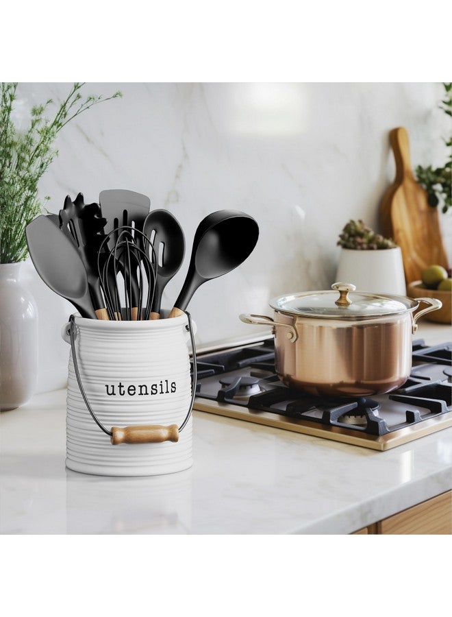 Barnyard Designs Ceramic Farmhouse Kitchen Utensil Holder for Countertop, Decorative Large Kitchen Utensil Holder for Kitchen Counter, Utensil Crock Spatula Holder, 6" White - Image 3
