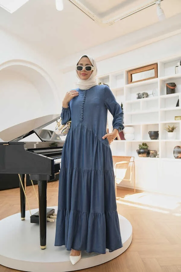 6646-TENSEL Britli Buttoned Gathered Dress Dark Blue