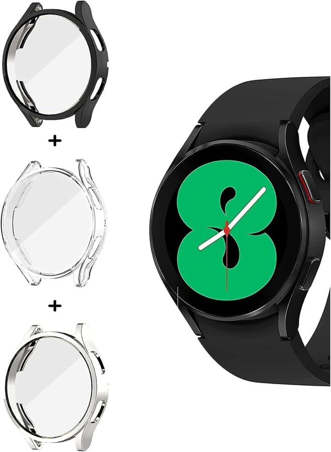 Next Next Store TPU Watch Case with Screen Protector Compatible with Samsung Galaxy Watch 4 44mm - Set of 3 - Clear Silver & Black