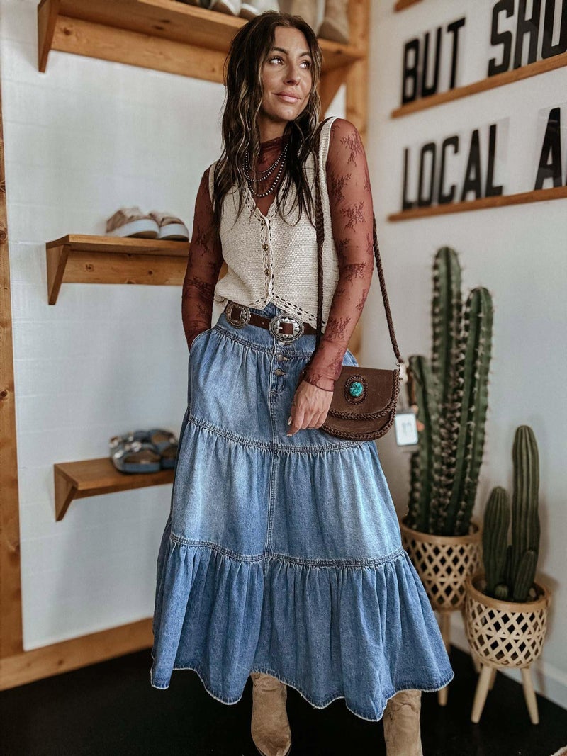 utcoco Women's High Waist Long Denim Skirt Button-Fly Tiered Ruffle Swing A-Line Jean Maxi Skirt with Pockets (Medium, Blue) - Image 3