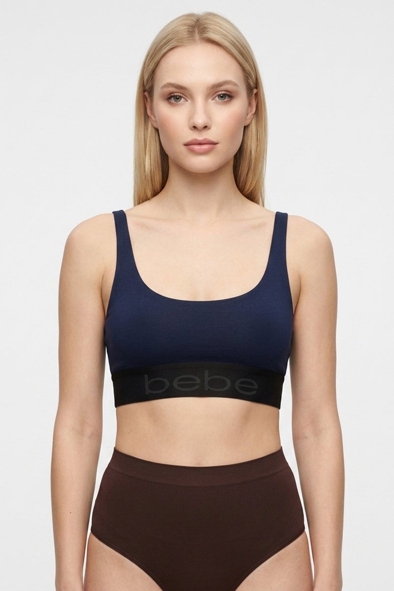 bebe Women Brand Logo Padded Bralette, Navy Blue - Image 1