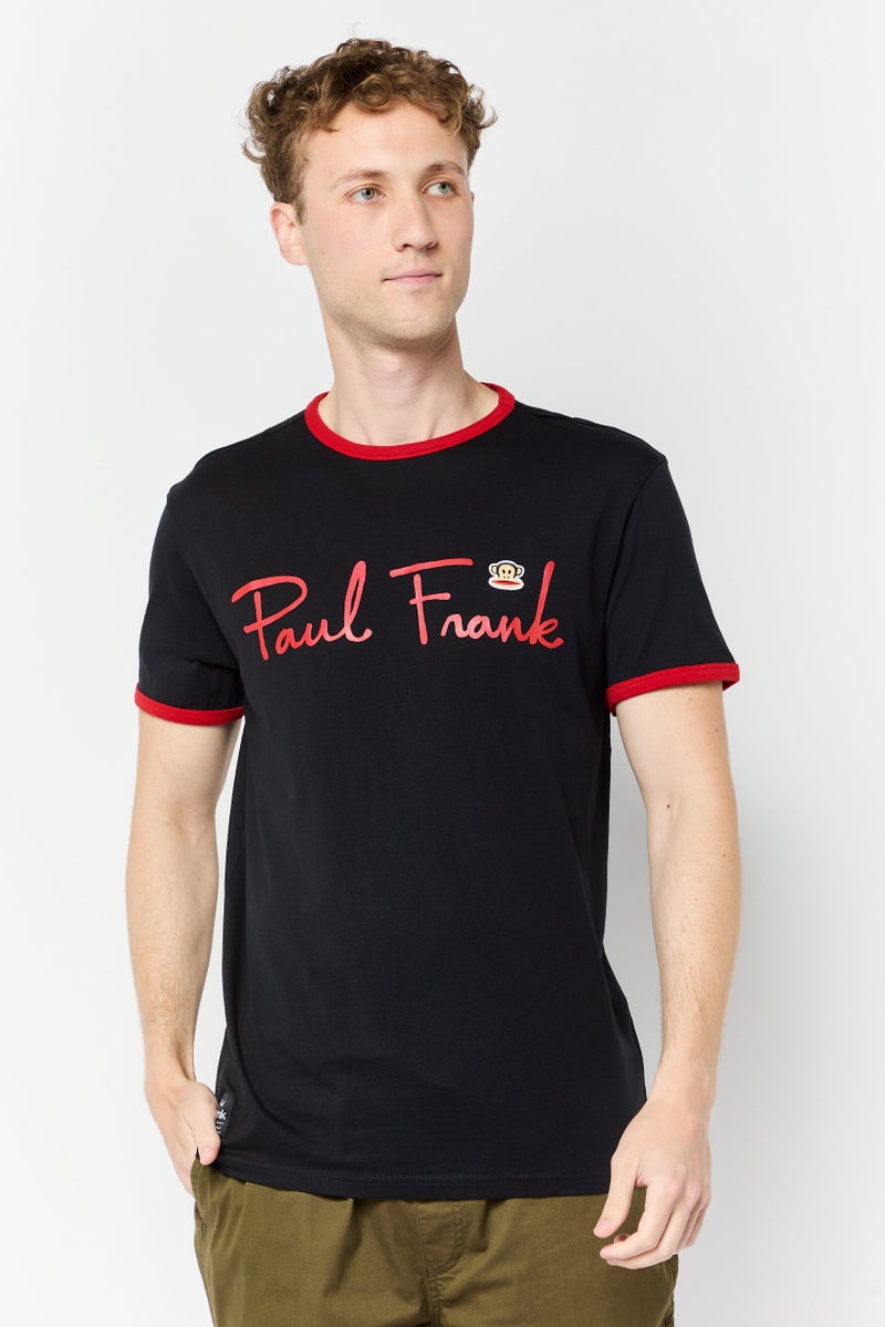 Paul Frank تي شيرت رجالي بأكمام قصيرة وياقة دائرية بشعار العلامة التجارية، أسود - Image 1