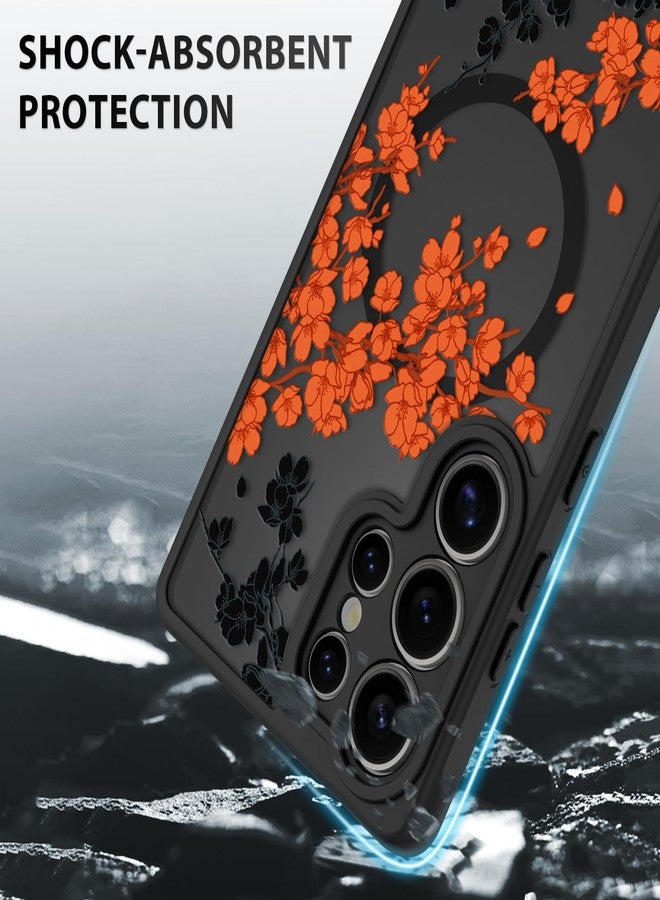 أو أو كيه جراب OOK لهاتف سامسونج جالاكسي S25 ألترا 6.9 بوصة (متوافق مع الشحن اللاسلكي) غطاء هاتف شفاف مزين بزهور برتقالية، مصنوع من مادة TPU ناعمة + مادة PC صلبة، مقاوم للخدوش والصدمات، جراب مغناطيسي للنساء - Image 4