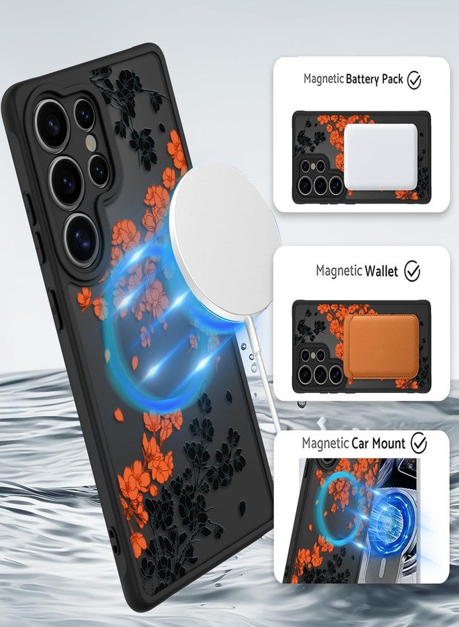 أو أو كيه جراب OOK لهاتف سامسونج جالاكسي S25 ألترا 6.9 بوصة (متوافق مع الشحن اللاسلكي) غطاء هاتف شفاف مزين بزهور برتقالية، مصنوع من مادة TPU ناعمة + مادة PC صلبة، مقاوم للخدوش والصدمات، جراب مغناطيسي للنساء - Image 2
