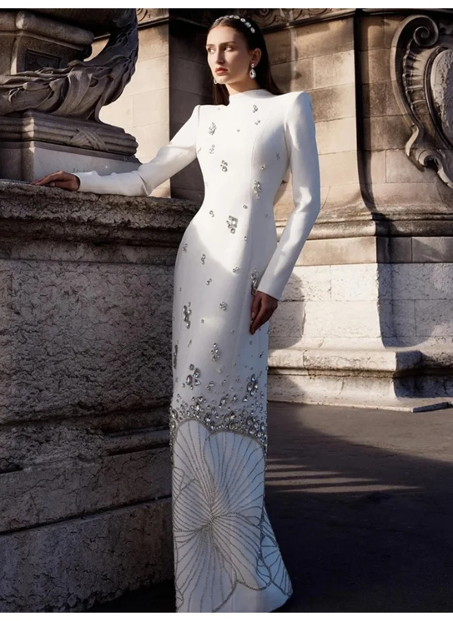 Madam Uniq White Long Sleeve Dress with Heavy Beading and Rhinestone Embellishments - Long Gown