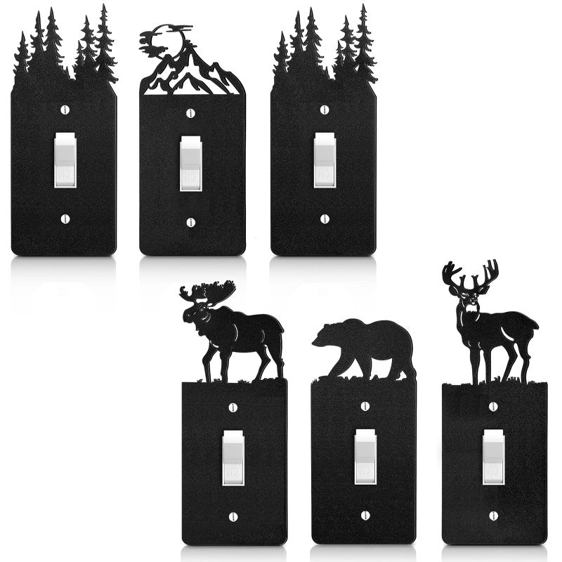 Lothee 6 Pcs Metal Bear Light Switch Cover Plate Moose Tree Mountain Elk Forest Outlet Plate Toggle Outlet Wall Cover for HomeSingle Gang Toggle