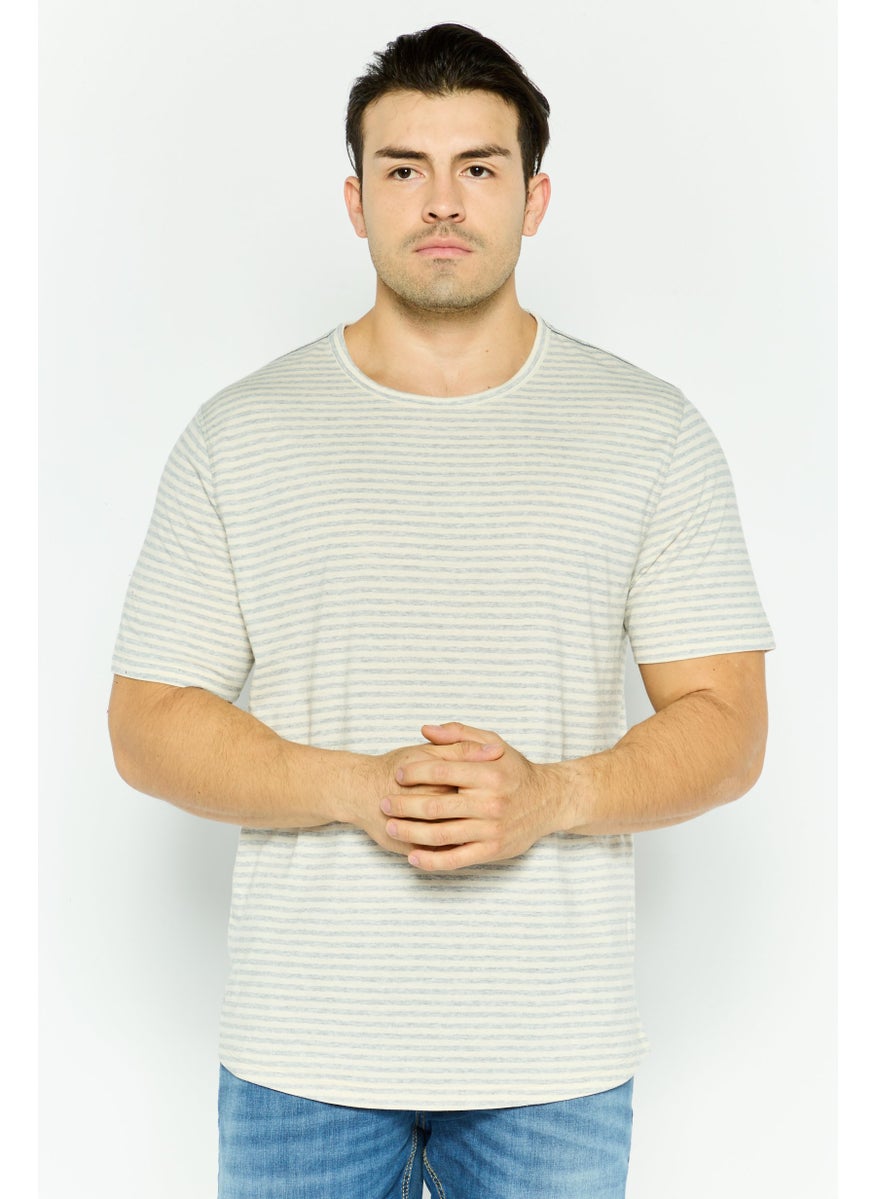 Project Essentials - Men Crew Neck Short Sleeve Stripe T Shirt, Ivory - Image 1