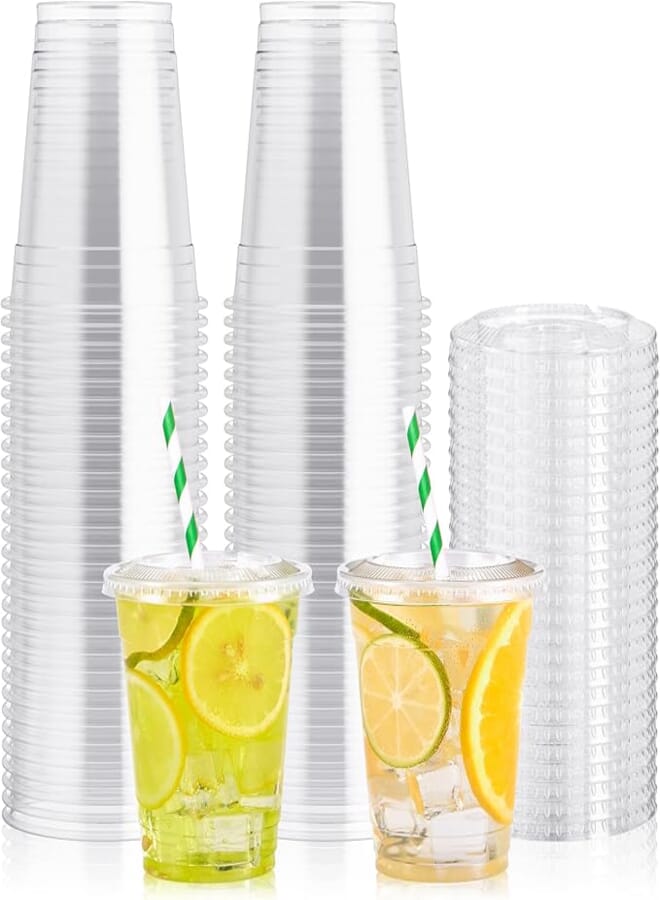 JOLLY PARTY [100 Pack] 12 oz Clear Plastic Cups With Flat Slotted Lids, Disposable Drinking Cups for Iced Cold Drinks Coffee Tea Smoothie Bubble Boba