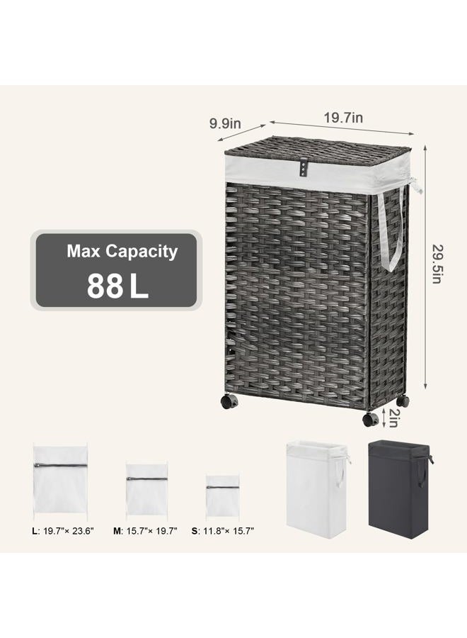 Hiagnete 88L Slim Laundry Hamper with Wheels, 23.3 Gallon Rolling Laundry Basket with Lid, Tall and Narrow Laundry Hamper with 2 Removable Liner & 3 Mesh Laundry Bags, Laundry Sorter for Bathroom, Grey - Image 4