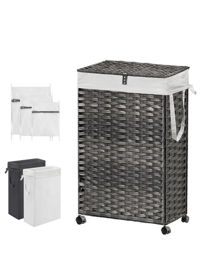 Hiagnete 88L Slim Laundry Hamper with Wheels, 23.3 Gallon Rolling Laundry Basket with Lid, Tall and Narrow Laundry Hamper with 2 Removable Liner & 3 Mesh Laundry Bags, Laundry Sorter for Bathroom, Grey - Image 1