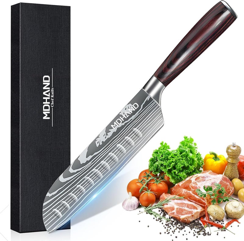 MDHAND 7" Santoku Knife - Ultra Sharp Japanese Chef Knife, Forged German Stainless Steel Chopping Knife with Ergonomic Pakkawood Handle Design, Home Cooking Gifts for Women and Men - Image 1