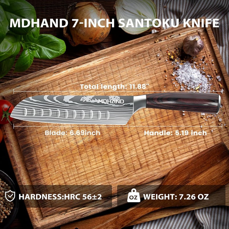 MDHAND 7" Santoku Knife - Ultra Sharp Japanese Chef Knife, Forged German Stainless Steel Chopping Knife with Ergonomic Pakkawood Handle Design, Home Cooking Gifts for Women and Men - Image 2