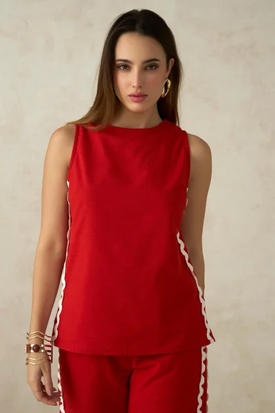 فيرجيو Cotton Boat Dinnerwear Neck Tunic With Lace for Women