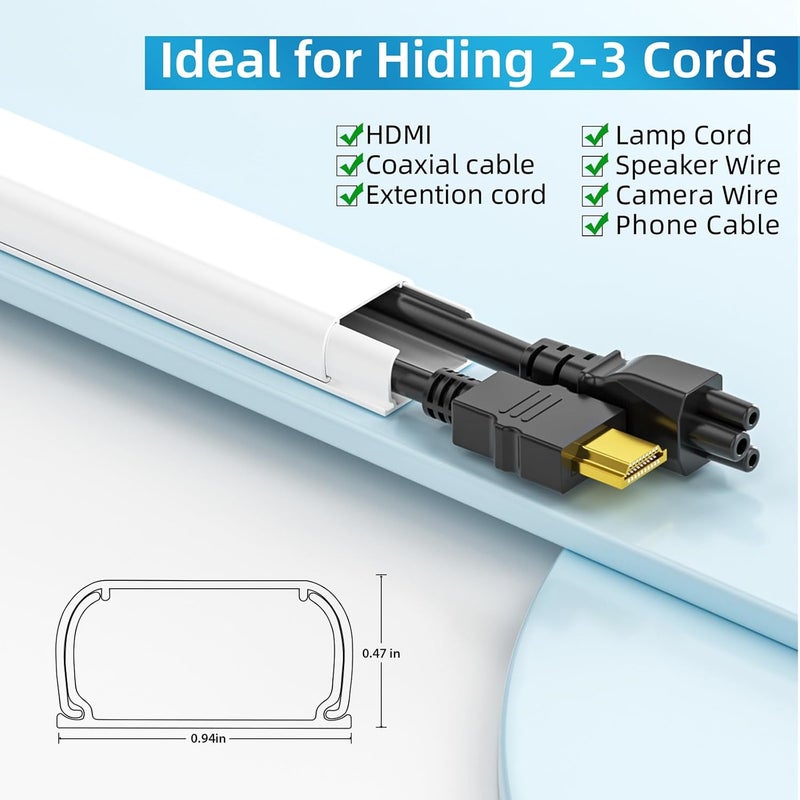 Yecaye 142in Wall Cord Hider for 2-3 Cords, On-Wall Cord Cover Channel, Cable Concealer, Cable Cover Cords Management for Home Office, W0.94in H0.47in, White - Image 2