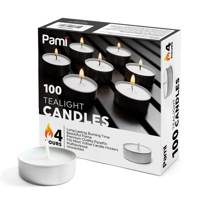 Premium LongLasting with 4 Hours Burning Time Tealight Candles 100Pack Unscented Tea Candles Paraffin Tealights Beautiful Flame Round Perfect for Votive Candle Holders White