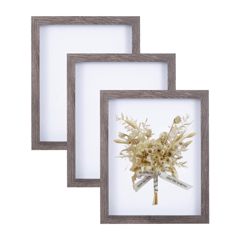 Muzilife 8x10 Shadow Box Frame Wood 3D Picture Frame wif Glass Cover  Display Case for Wall-Hanging or Free-Standing Picture Showcase  Set of 3  Texture Gray