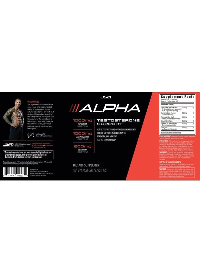 JYM Supplement Science Alpha JYM Testosterone Support | Male Vitality, Hormone Optimization, Ashwagandha, Fenugreek, Eurycoma, Damiana, Quercetin, DIM | JYM Supplemental Science | 180 Vegetarian Capsules  - Image 4