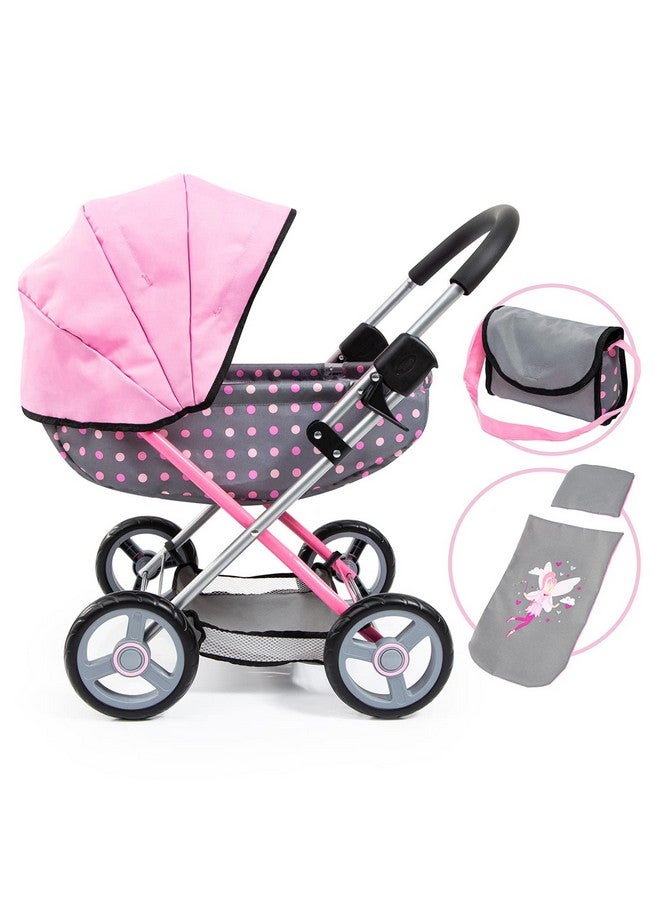 Bayer Design دمى باير ديزاين: عربة مريحة: خيالية بنقاط رمادية وردية - تشمل بطانية + وسادة + حقيبة يد، للدمى حتى 18 بوصة، للأعمار 3 سنوات فما فوق - Image 1