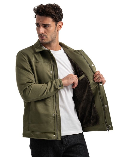 Men's Gabardine Jacket -With Collar With Fur- Oli