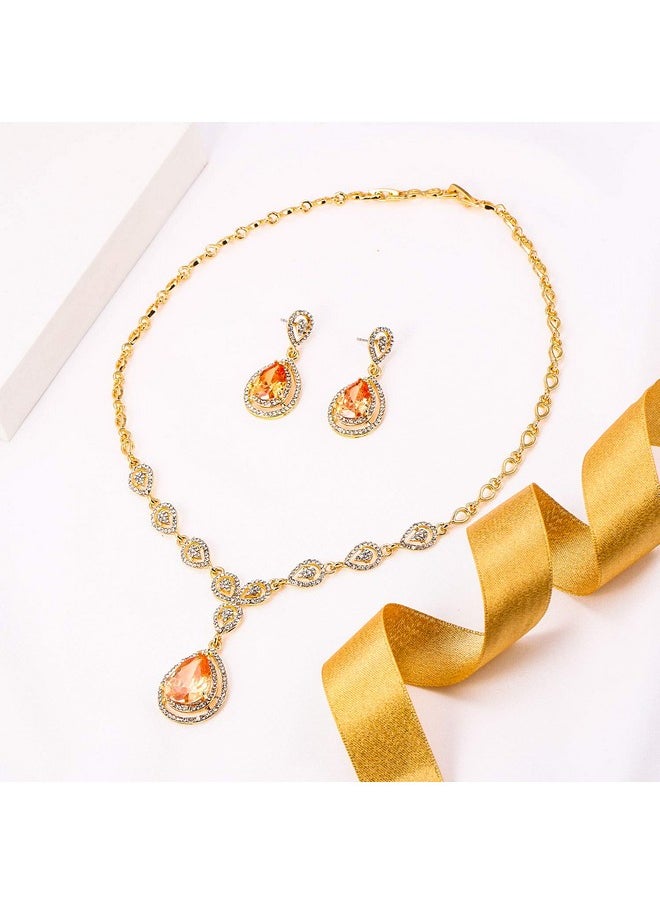 EVER FAITH Crystal Cz Elegant Bride Bridesmaid Teardrop Necklace Earrings Set For Woman Orange Goldtone  - Image 3