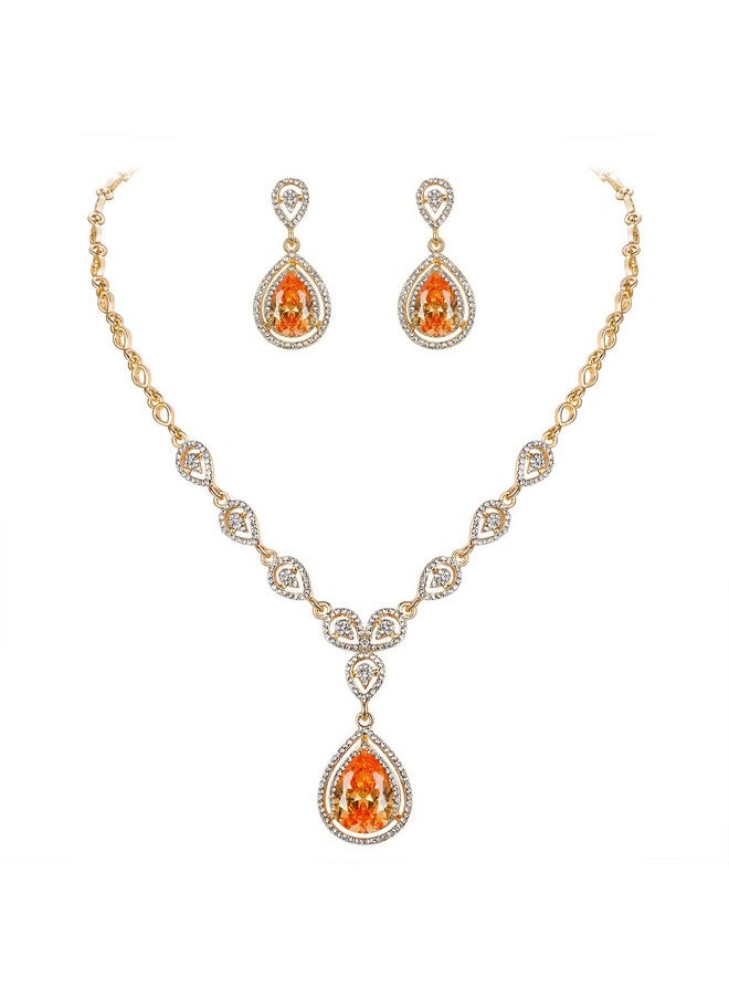 EVER FAITH Crystal Cz Elegant Bride Bridesmaid Teardrop Necklace Earrings Set For Woman Orange Goldtone  - Image 1
