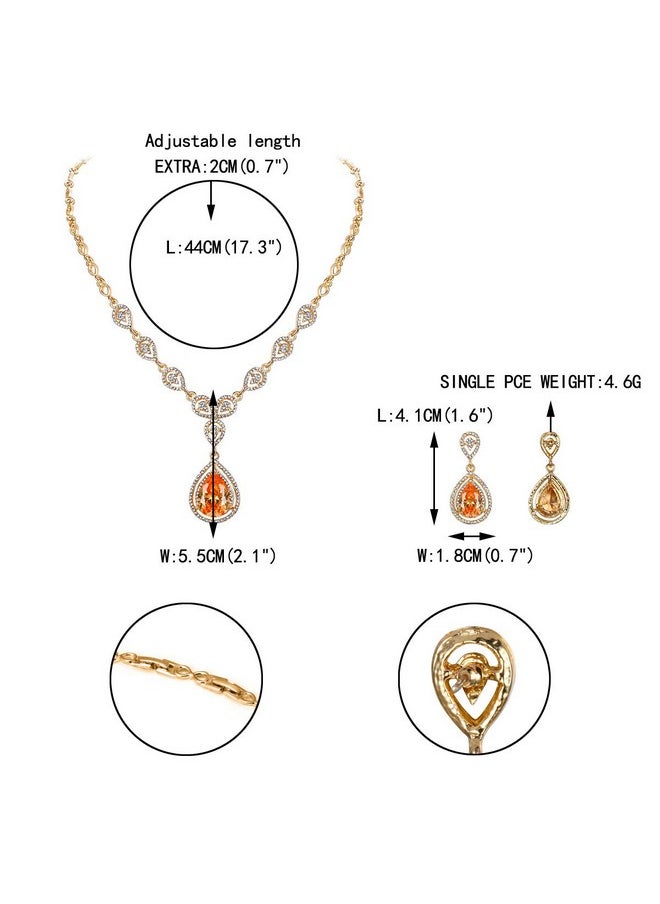 EVER FAITH Crystal Cz Elegant Bride Bridesmaid Teardrop Necklace Earrings Set For Woman Orange Goldtone  - Image 4