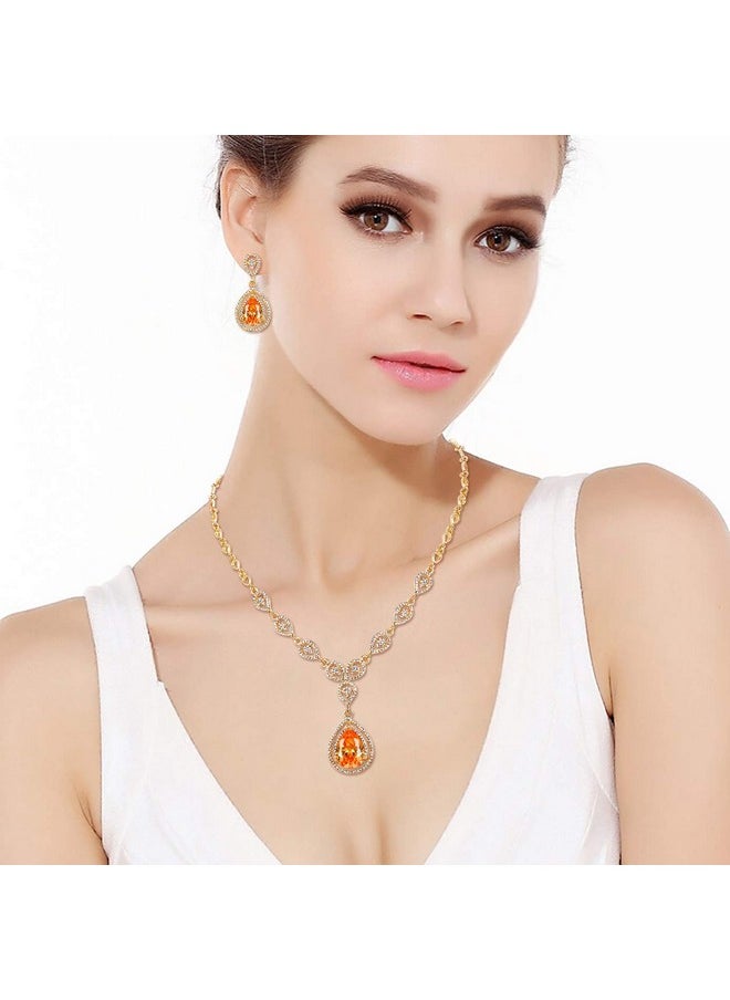 EVER FAITH Crystal Cz Elegant Bride Bridesmaid Teardrop Necklace Earrings Set For Woman Orange Goldtone  - Image 2