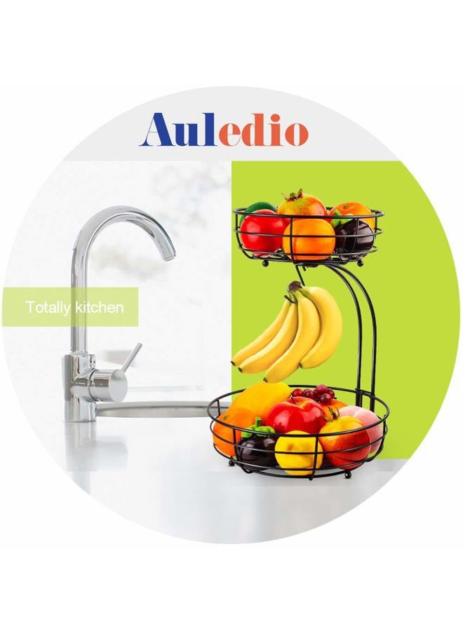 Auledio 2-Tier Countertop Fruit Vegetables Basket Bowl Storage With Banana Hanger, Black - Image 2
