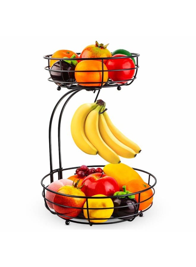 Auledio 2-Tier Countertop Fruit Vegetables Basket Bowl Storage With Banana Hanger, Black - Image 1