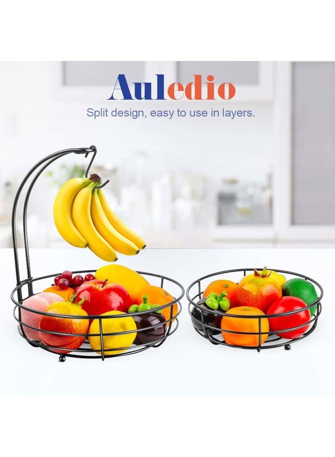 Auledio 2-Tier Countertop Fruit Vegetables Basket Bowl Storage With Banana Hanger, Black - Image 3