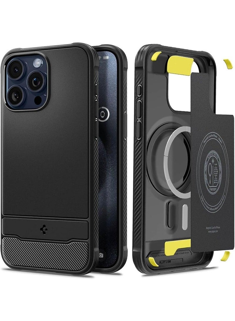 Captaintech Rugged Armor MagFit for iPhone 15 Pro Max Case Cover with MagSafe and Carbon Fiber Textures - Matte Black