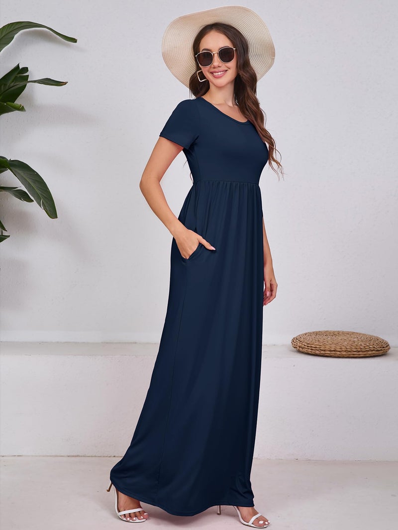 DEARCASE Maxi Dress for Women Navy Blue Large Crewneck Short Sleeves Wedding Guest A-line Casual Loose Party Vintage Spring Summer Beach Long Dresses with Pockets - Image 5