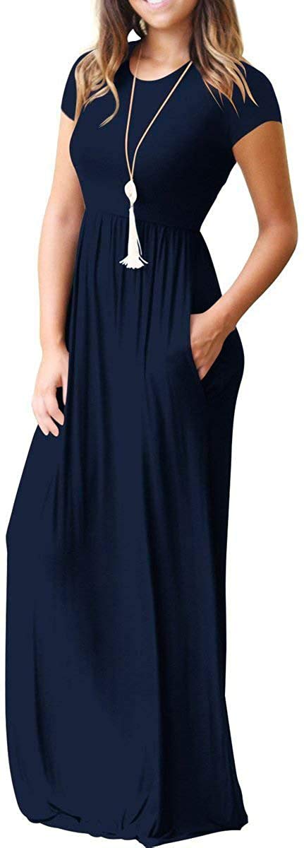 DEARCASE Maxi Dress for Women Navy Blue Large Crewneck Short Sleeves Wedding Guest A-line Casual Loose Party Vintage Spring Summer Beach Long Dresses with Pockets - Image 4