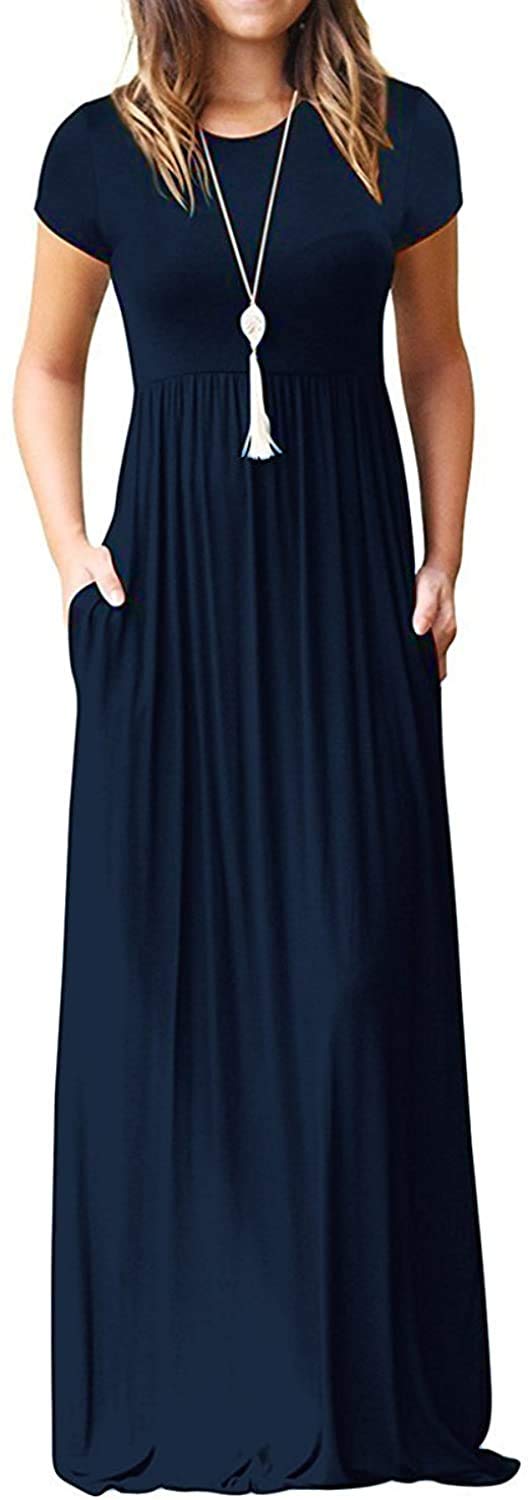 DEARCASE Maxi Dress for Women Navy Blue Large Crewneck Short Sleeves Wedding Guest A-line Casual Loose Party Vintage Spring Summer Beach Long Dresses with Pockets - Image 1