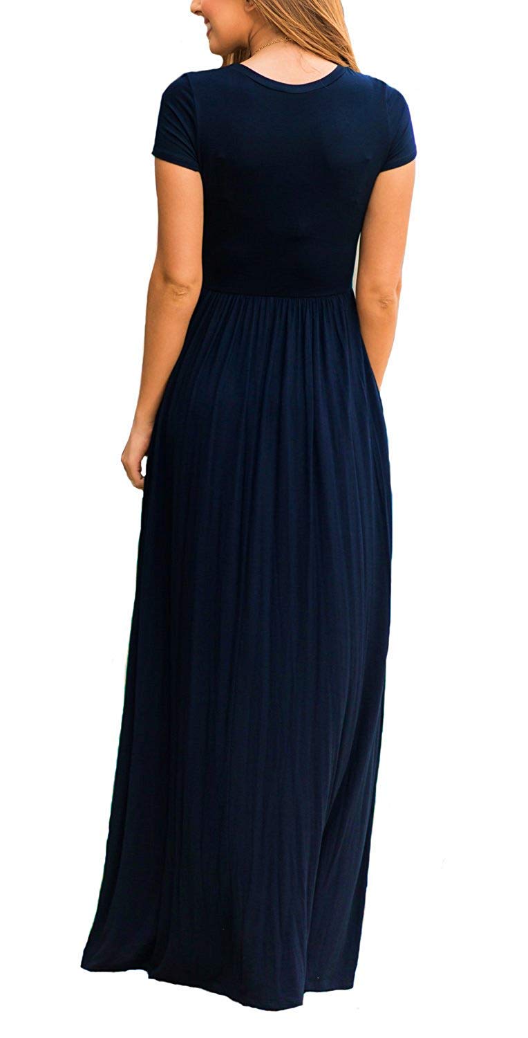 DEARCASE Maxi Dress for Women Navy Blue Large Crewneck Short Sleeves Wedding Guest A-line Casual Loose Party Vintage Spring Summer Beach Long Dresses with Pockets - Image 2