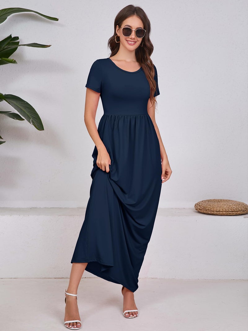 DEARCASE Maxi Dress for Women Navy Blue Large Crewneck Short Sleeves Wedding Guest A-line Casual Loose Party Vintage Spring Summer Beach Long Dresses with Pockets - Image 3
