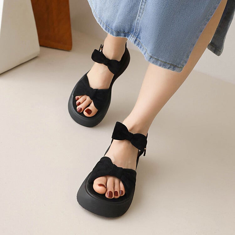 2023 Single Frosted Bow Sweet Thick-Soled Sandals Buckle Wide-Soled 35-46 Large Size Shoes Batch - Image 3