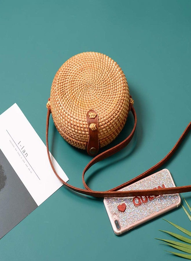 i-lan Handwoven Round Rattan Straw Bag- 7.5 x 2.4 Inch Round Bali Crossbody Bag Summer Beach Boho ShoulderBag Purse Clutch Handbag - Image 3