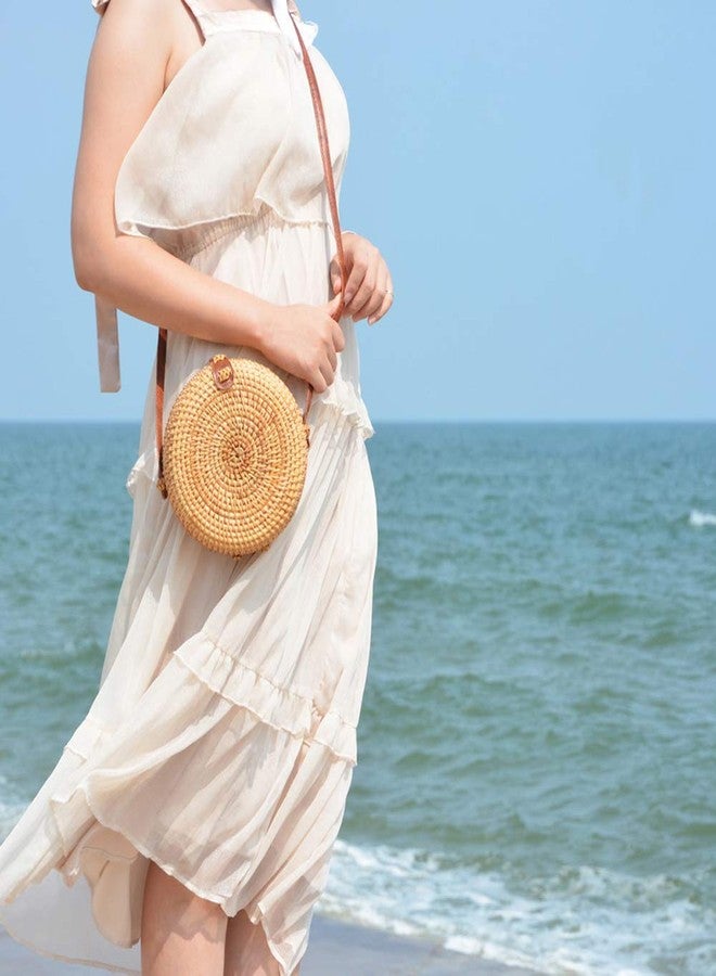 i-lan Handwoven Round Rattan Straw Bag- 7.5 x 2.4 Inch Round Bali Crossbody Bag Summer Beach Boho ShoulderBag Purse Clutch Handbag - Image 2