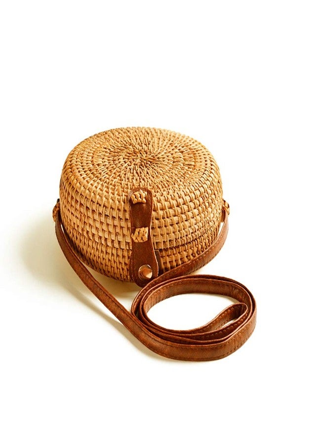 i-lan Handwoven Round Rattan Straw Bag- 7.5 x 2.4 Inch Round Bali Crossbody Bag Summer Beach Boho ShoulderBag Purse Clutch Handbag - Image 1